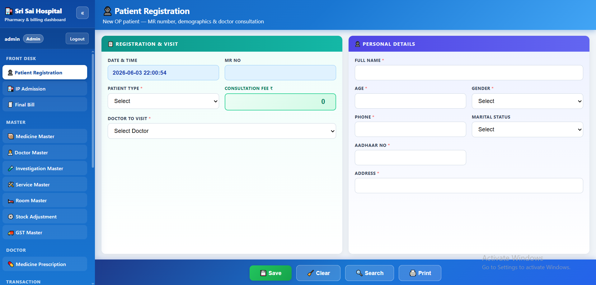 Patient registration form with MR number, demographics and doctor selection