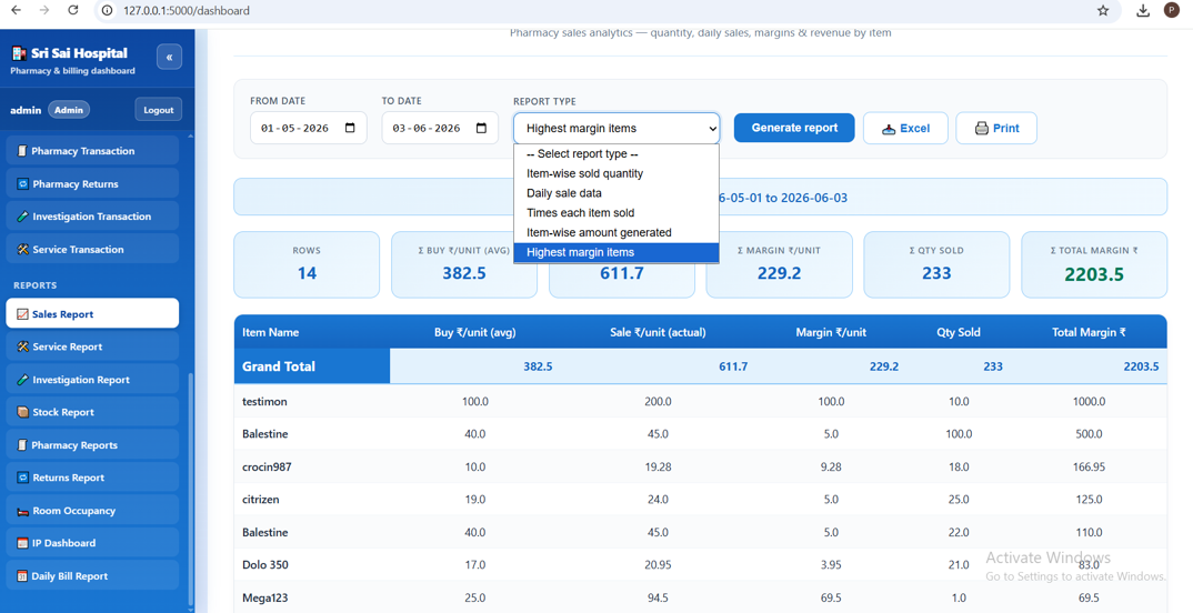 Pharmacy sales report with margins, quantity sold and Excel export
